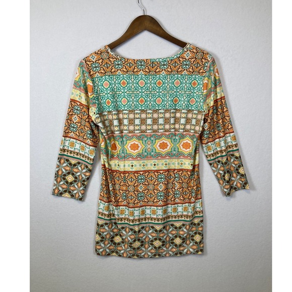 Melissa Paige Womens Mosaic Geometric Tile Print V-Neck 3/4 Sleeve Top Orange M - Picture 2 of 9